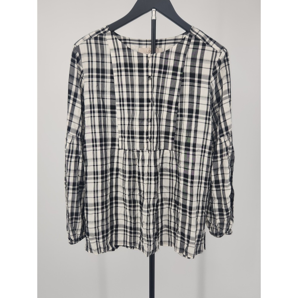 LOFT Womens Black White Plaid Button Babydoll Blouse Size M Rayon Puff Sleeve